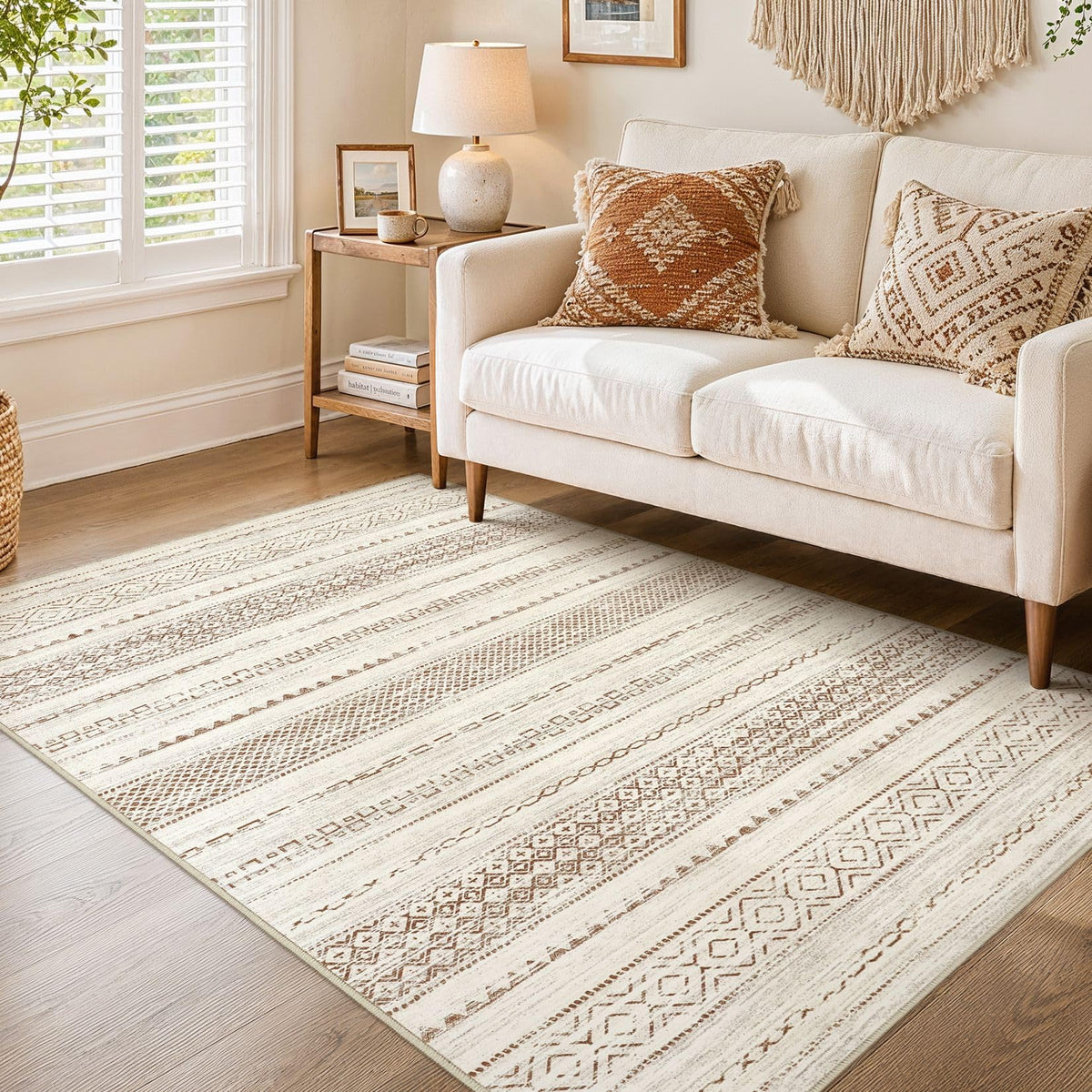 Nakagishi 10X14 Area Rugs for Living Room: Washable Modern Abstract Rug with Non-Slip Silicone Backing Low Pile Soft Carpet for Bedroom & Dining Decor Ideal for Families with Kids and Pets-Brown