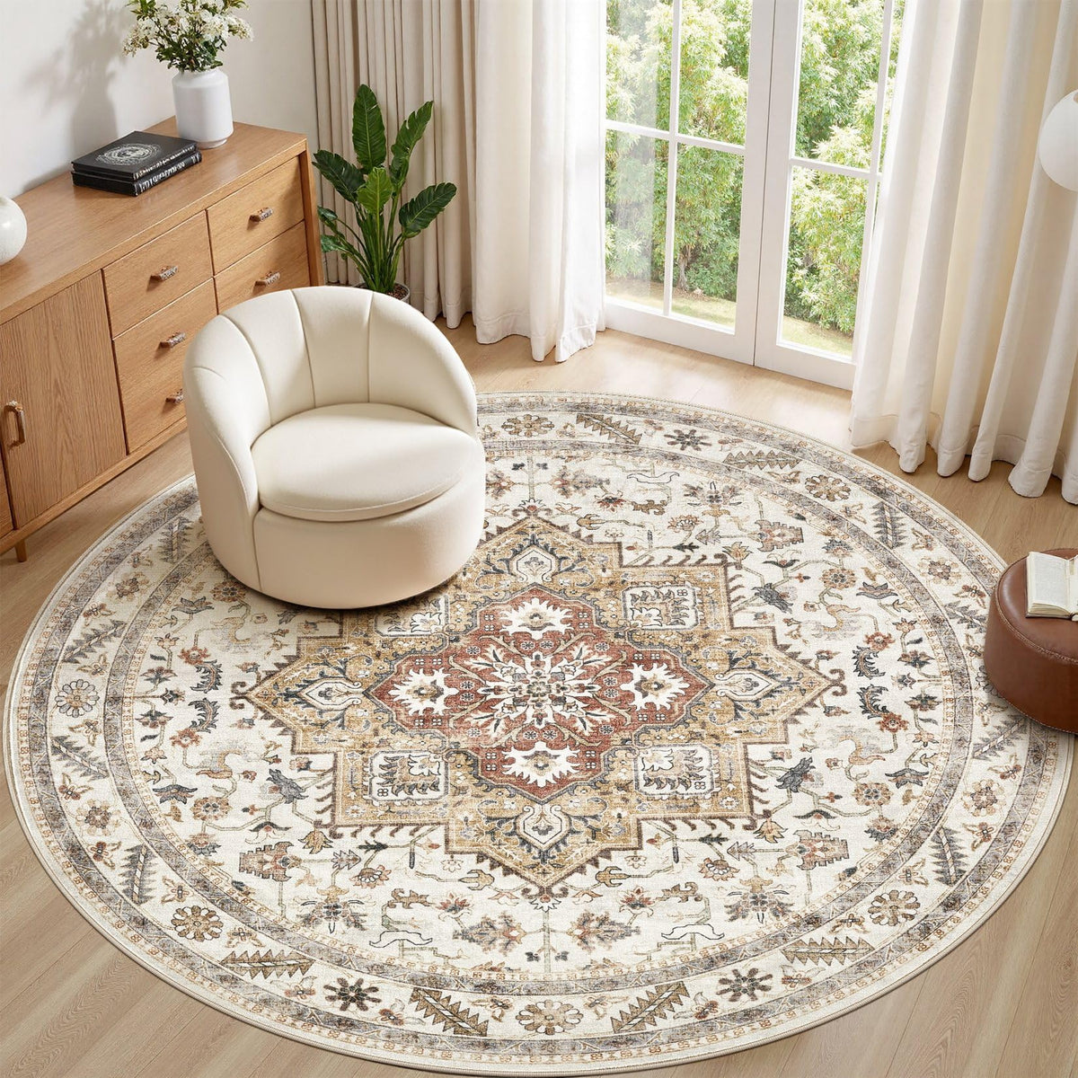 cotiled 9x12 Area Rug for Living Room, Washable, Traditional, Beige