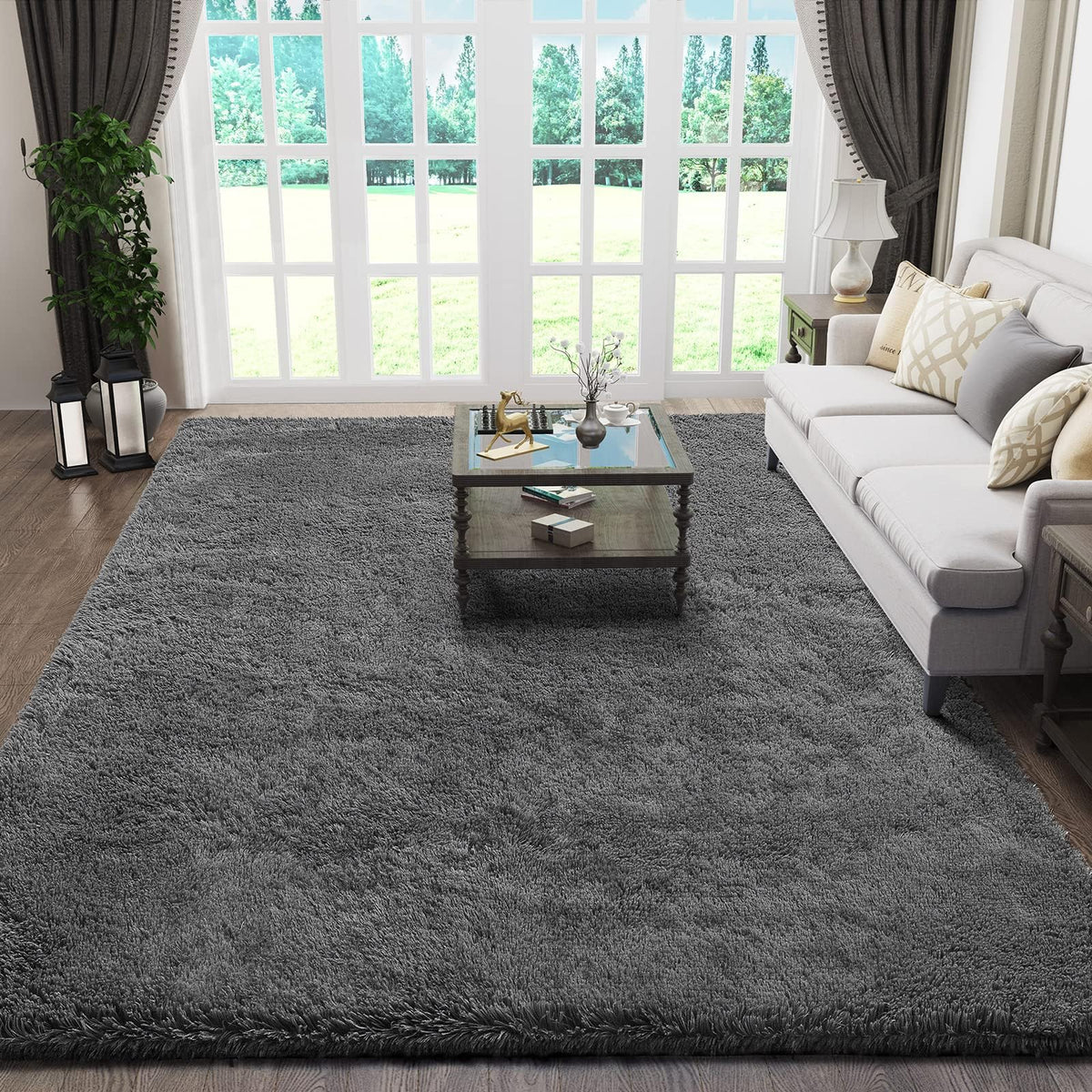 Ophanie Area Rugs 9x12 Living Room, Large Grey Bedroom Carpet, Big Shag Indoor Thick Soft Nursery Rug, Gray Fluffy Carpets for Boy and Girls Room Dorm Home Decor Aesthetic