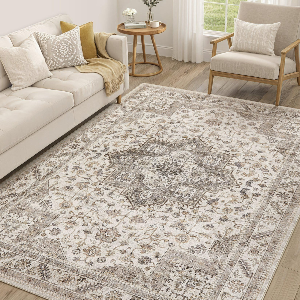 cotiled 9x12 Area Rug for Living Room, Washable, Traditional, Beige