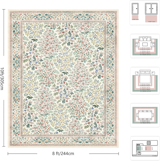 8x10 Area Rugs, Machine Washable Low Pile Floral Rugs for Living Room, Bedroom, Large Boho Area Rug with Non-Slip Backing for Dining Room(Pink Floral)