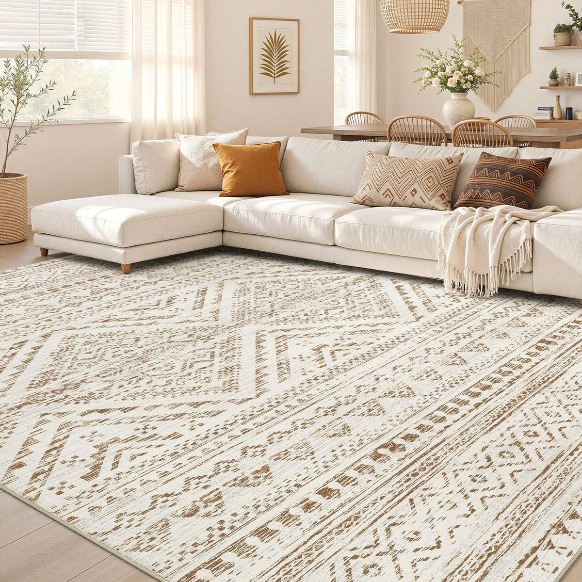 Nakagishi 10X14 Area Rugs for Living Room: Washable Modern Abstract Rug with Non-Slip Silicone Backing Low Pile Soft Carpet for Bedroom & Dining Decor Ideal for Families with Kids and Pets-Brown