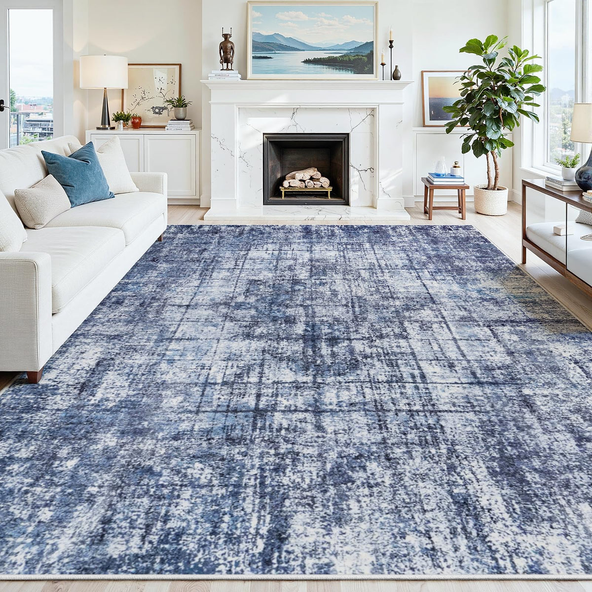 8x10 Washable Area Rug for Living Room Bedroom: Non-Slip Modern White Gray