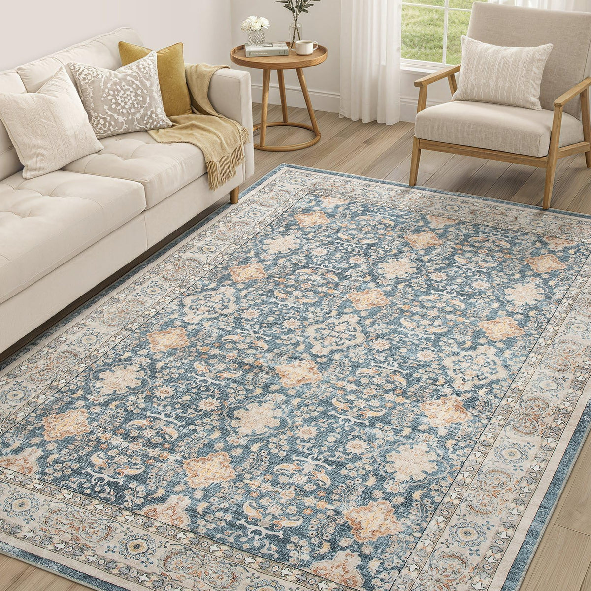 cotiled 9x12 Area Rug for Living Room, Washable, Traditional, Beige