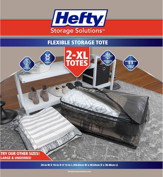 Hefty Storage Bags Extra Large Double Zipper Backpack, Heavy Duty Water Resistant Moving Totes with Shoulder Straps, Foldable Reusable Packing Organizers, 2 Pack (X-Large Black)