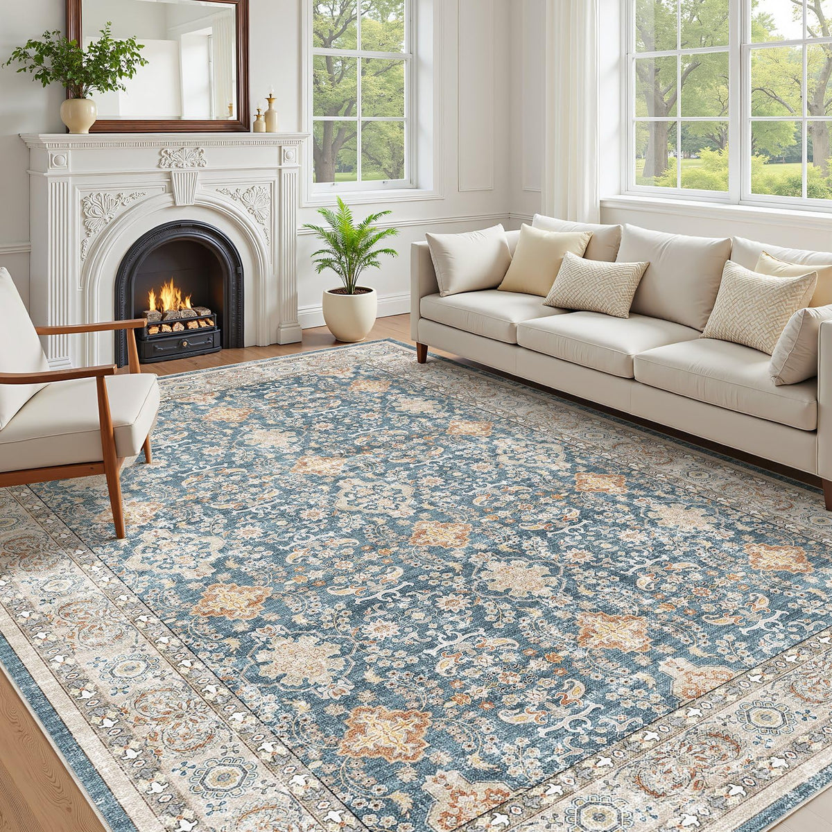 cotiled 9x12 Area Rug for Living Room, Washable, Traditional, Beige