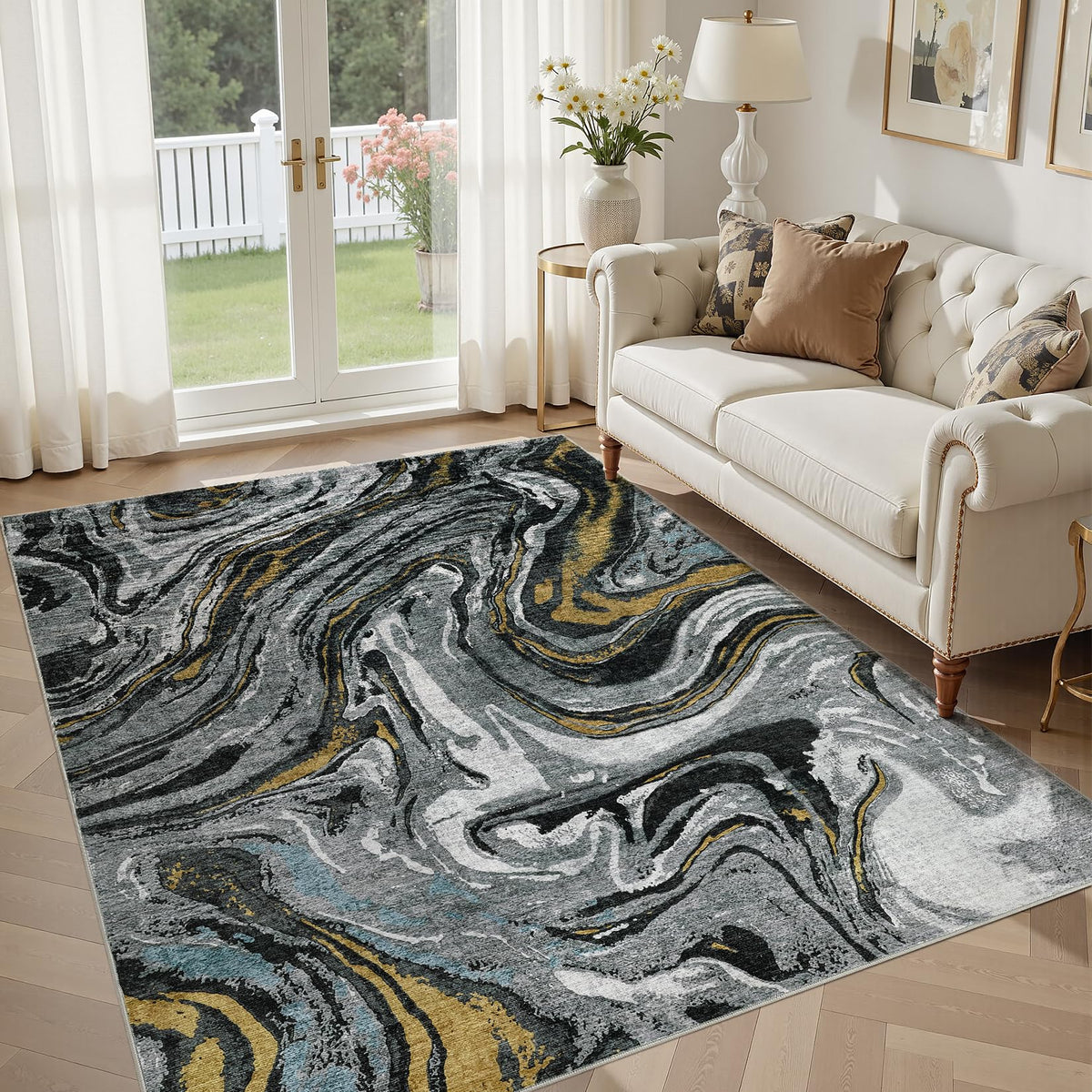 DMOYEST Area Rug Living Room Rugs 9x12 Washable Abstract Grey Carpet
