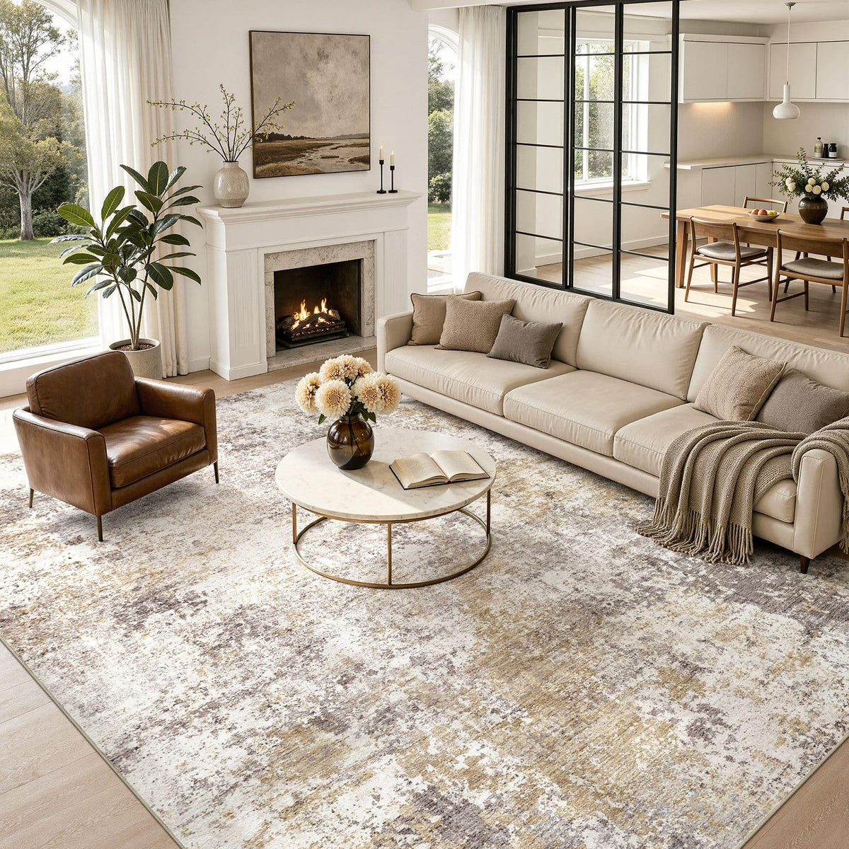 Nakagishi 10X14 Area Rugs for Living Room: Washable Modern Abstract Rug with Non-Slip Silicone Backing Low Pile Soft Carpet for Bedroom & Dining Decor Ideal for Families with Kids and Pets-Brown