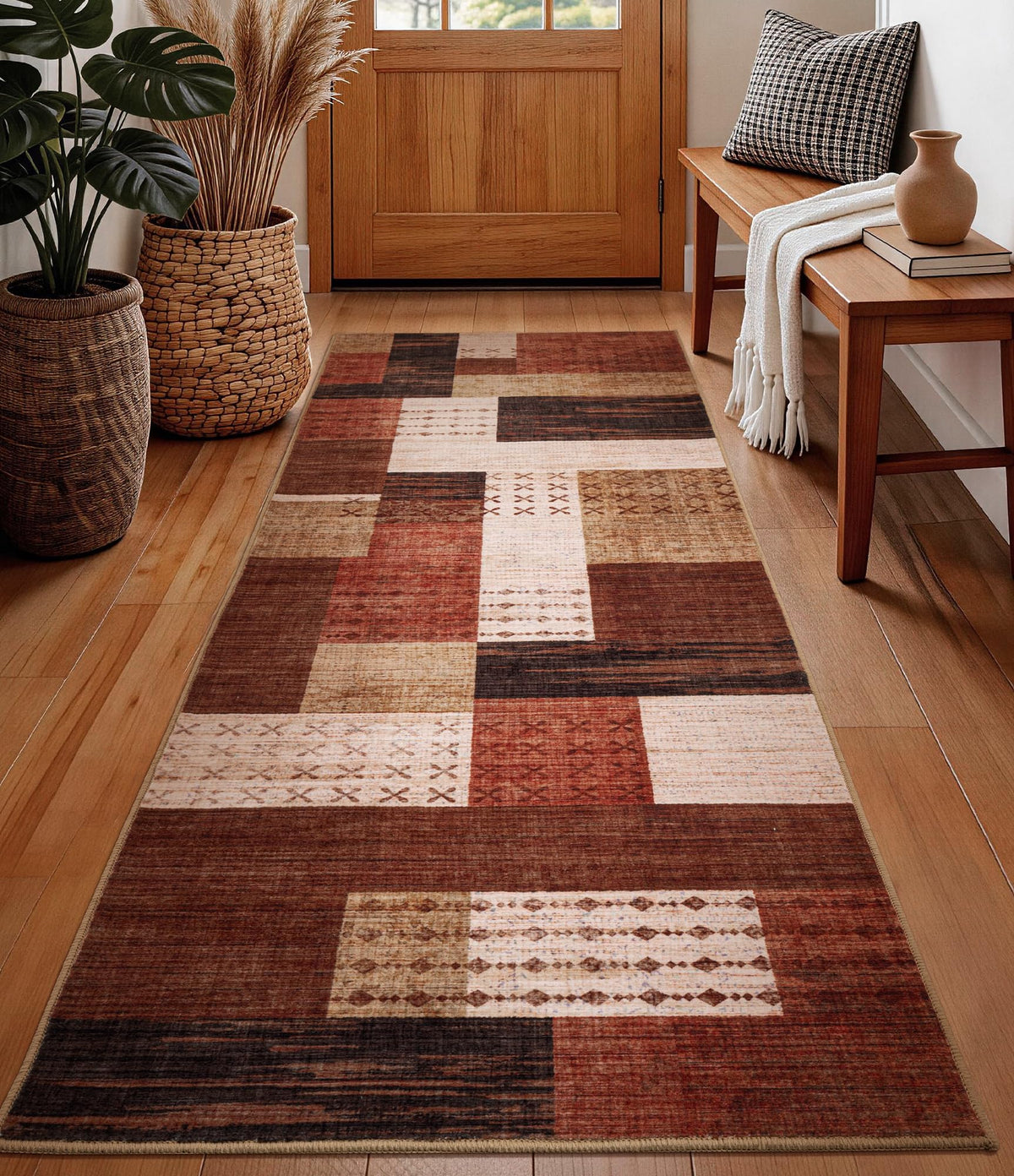 YIHOUSE Brown Modern 5x7 Area Rugs for Living Room, Washable Geometric Patchwork Rug for Bedroom Playroom Non Slip Low Pile, Southwestern Rustic Throw Carpet for Entryway Home Office
