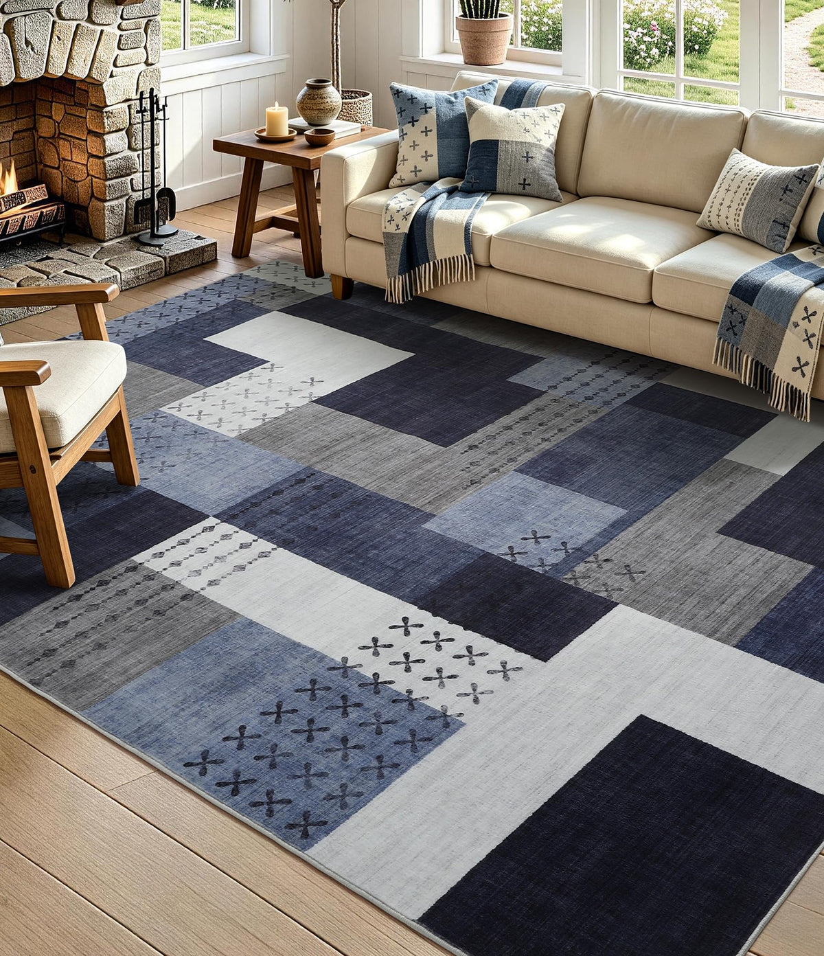 YIHOUSE Brown Modern 5x7 Area Rugs for Living Room, Washable Geometric Patchwork Rug for Bedroom Playroom Non Slip Low Pile, Southwestern Rustic Throw Carpet for Entryway Home Office
