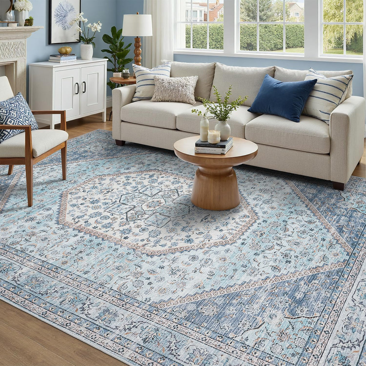 DCX 8x10 Area Rug Living Room: Washable Botanical Carpet Blue and Green