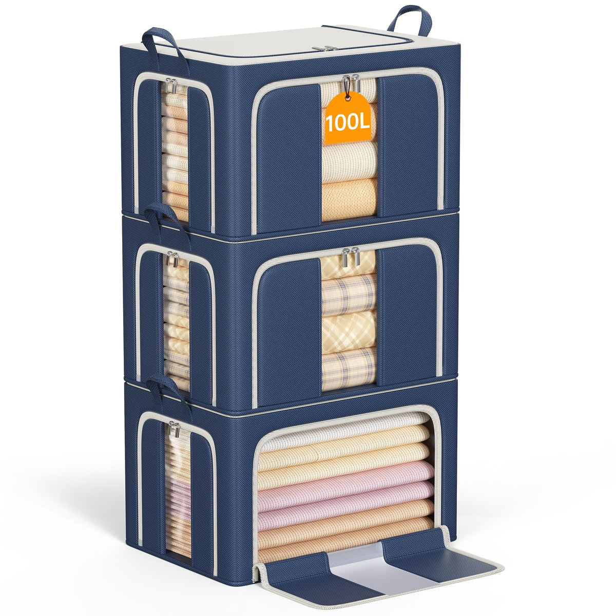 Clothes Storage Bins with Metal Frame, Foldable Clothes Organizers Storage Containers for Clothes, Sheets, Blankets, Pillows and Towels (24L, 3 Pack) Beige