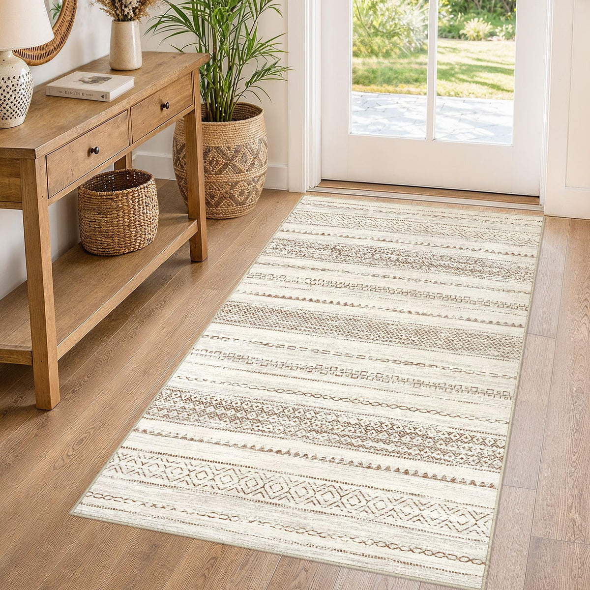 Nakagishi 10X14 Area Rugs for Living Room: Washable Modern Abstract Rug with Non-Slip Silicone Backing Low Pile Soft Carpet for Bedroom & Dining Decor Ideal for Families with Kids and Pets-Brown