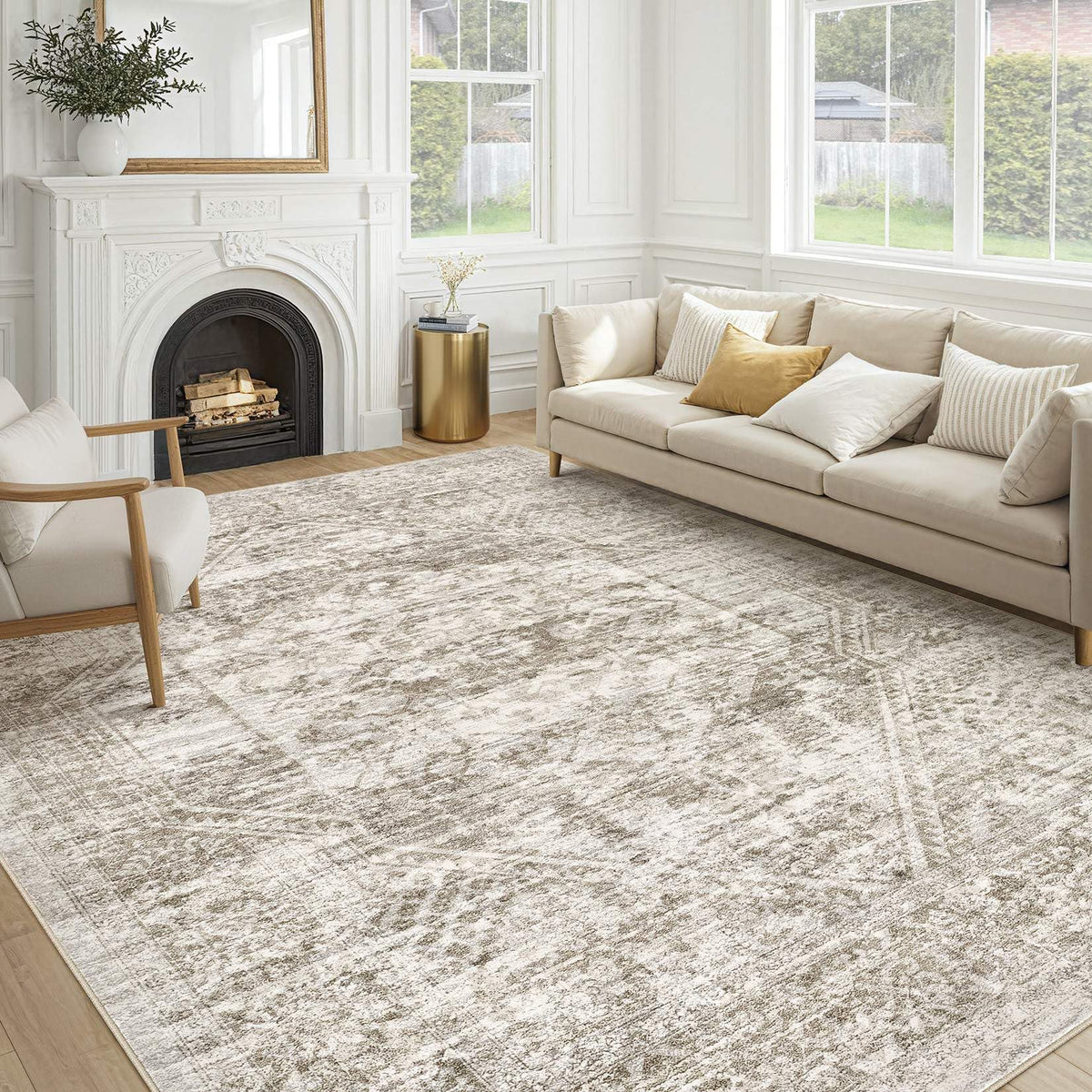 cotiled 9x12 Area Rug for Living Room, Washable, Traditional, Beige