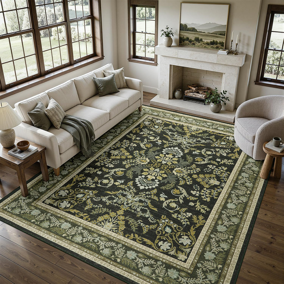 DCX 8x10 Area Rug Living Room: Washable Botanical Carpet Blue and Green