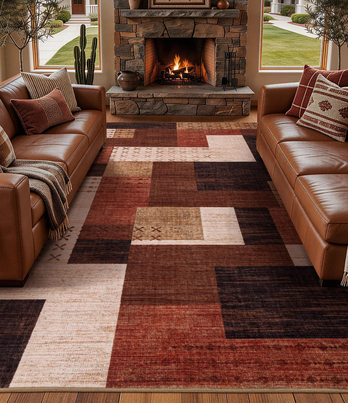 YIHOUSE Brown Modern 5x7 Area Rugs for Living Room, Washable Geometric Patchwork Rug for Bedroom Playroom Non Slip Low Pile, Southwestern Rustic Throw Carpet for Entryway Home Office