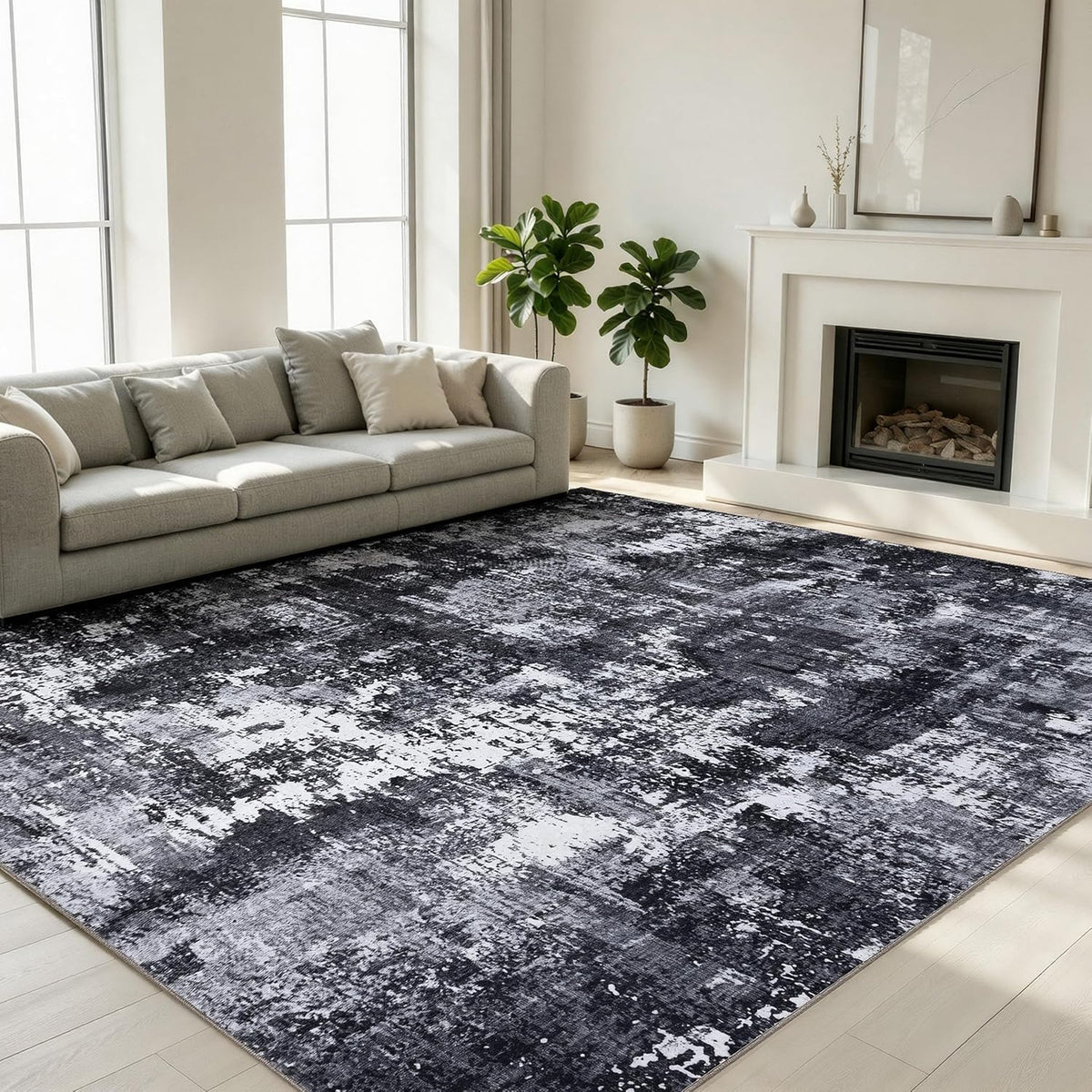 Sasttie 8x10 Washable Area Rug, Modern Abstract Large Carpet, Black & White