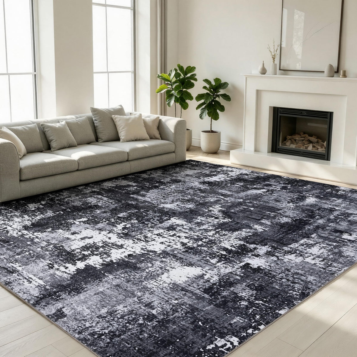 Sasttie 8x10 Washable Area Rug, Modern Abstract Large Carpet, Black & White