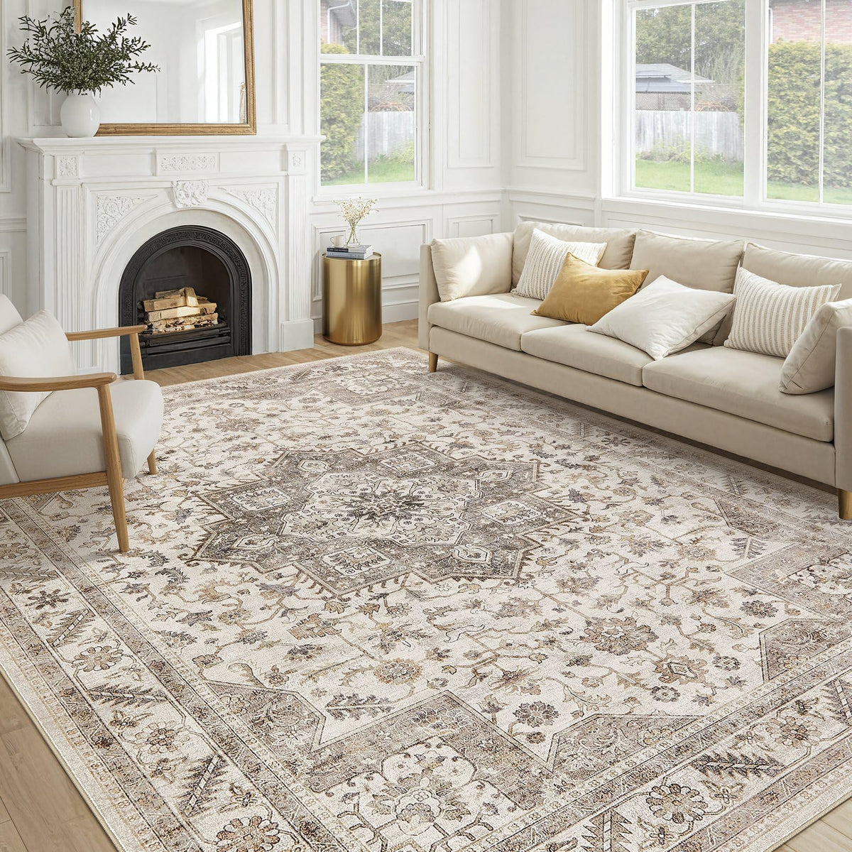 cotiled 9x12 Area Rug for Living Room, Washable, Traditional, Beige