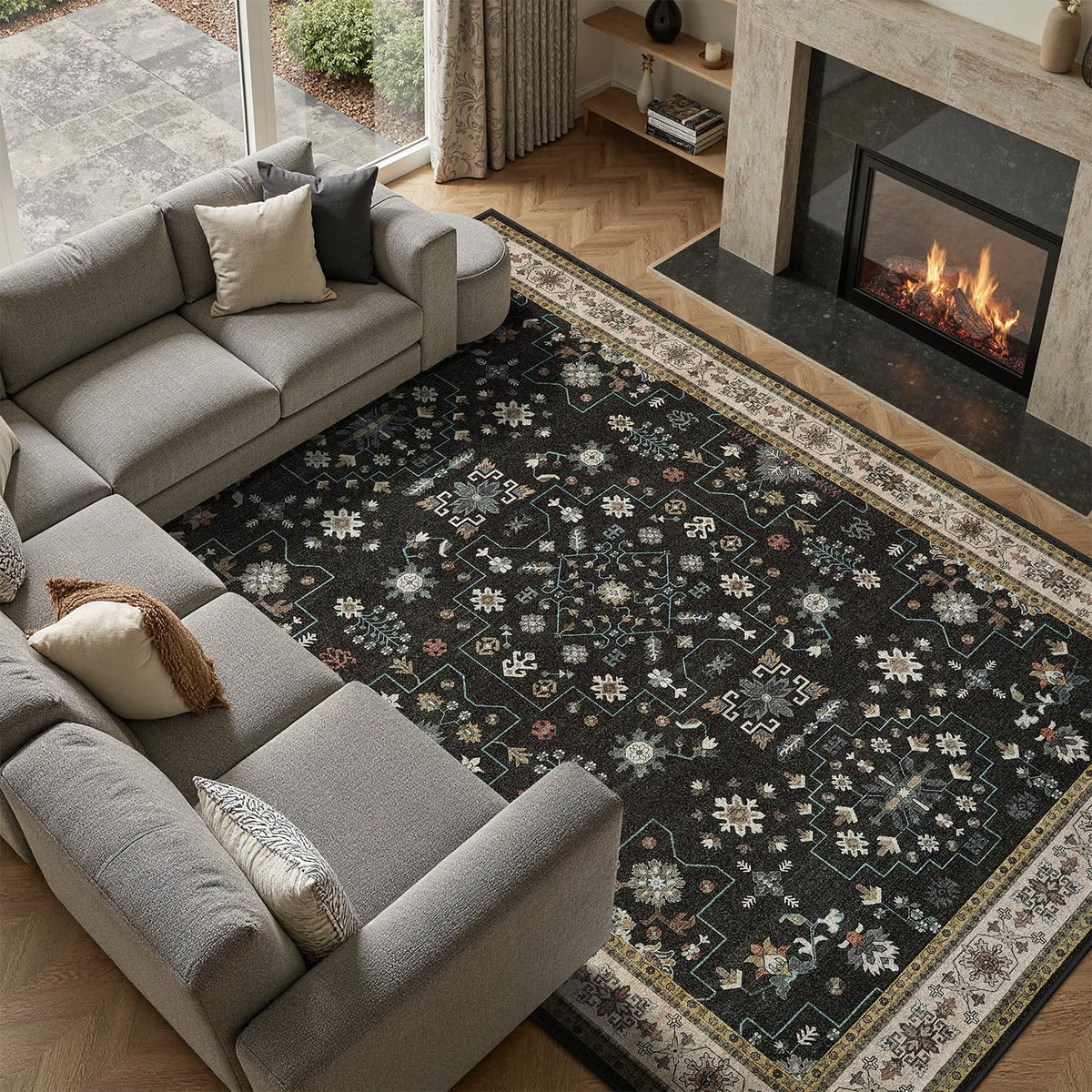 DCX 8x10 Area Rug Living Room: Washable Botanical Carpet Blue and Green