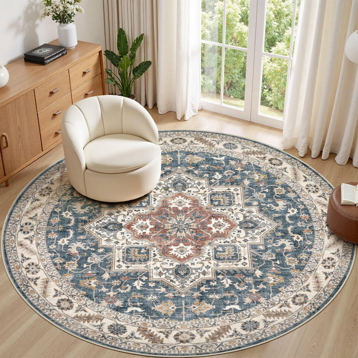 cotiled 9x12 Area Rug for Living Room, Washable, Traditional, Beige