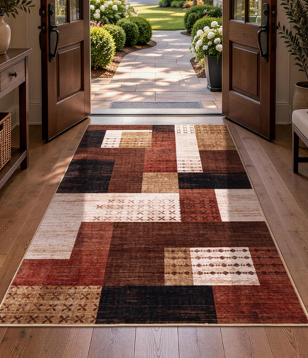 YIHOUSE Brown Modern 5x7 Area Rugs for Living Room, Washable Geometric Patchwork Rug for Bedroom Playroom Non Slip Low Pile, Southwestern Rustic Throw Carpet for Entryway Home Office