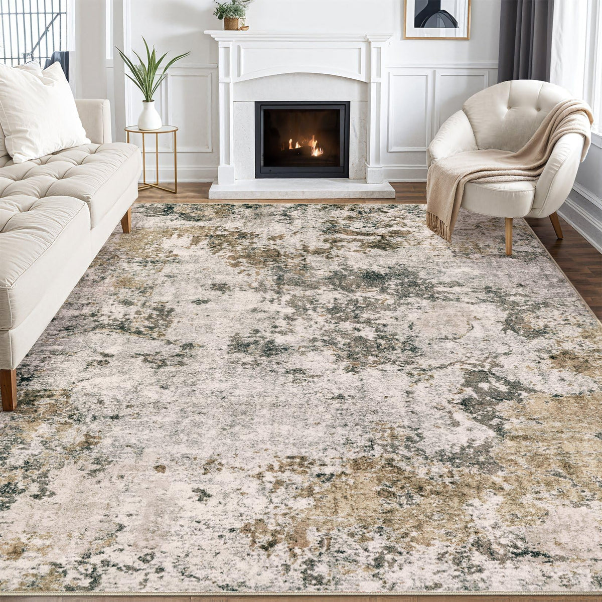 8x10 Area Rugs Living Room Abstract Washable Rug, Gold Brown