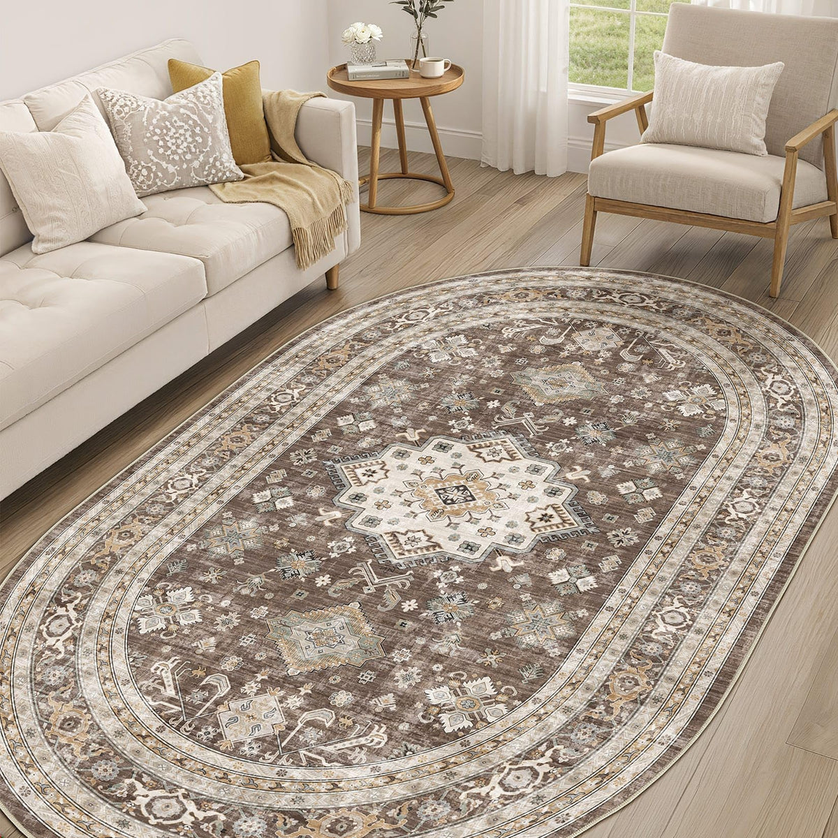 cotiled 9x12 Area Rug for Living Room, Washable, Traditional, Beige