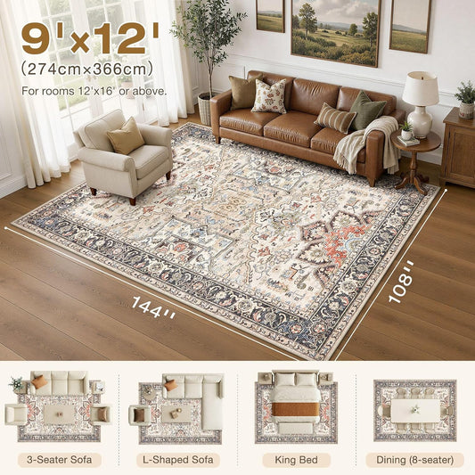 Vintage 9x12 Rugs for Living Room Washable Area Rug Multi Color