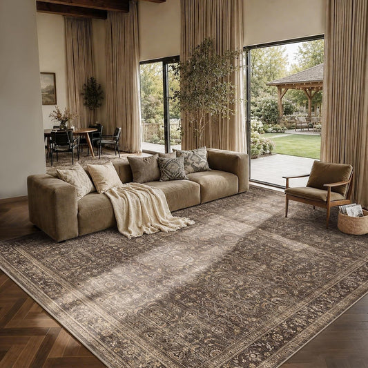 JOOJA 8x10 Dark Brown Vintage Soft Low Pile Non Slip Boho Washable Area Rug