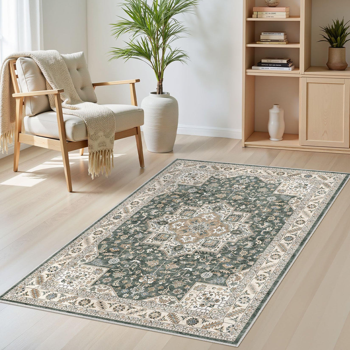cotiled 9x12 Area Rug for Living Room, Washable, Traditional, Beige