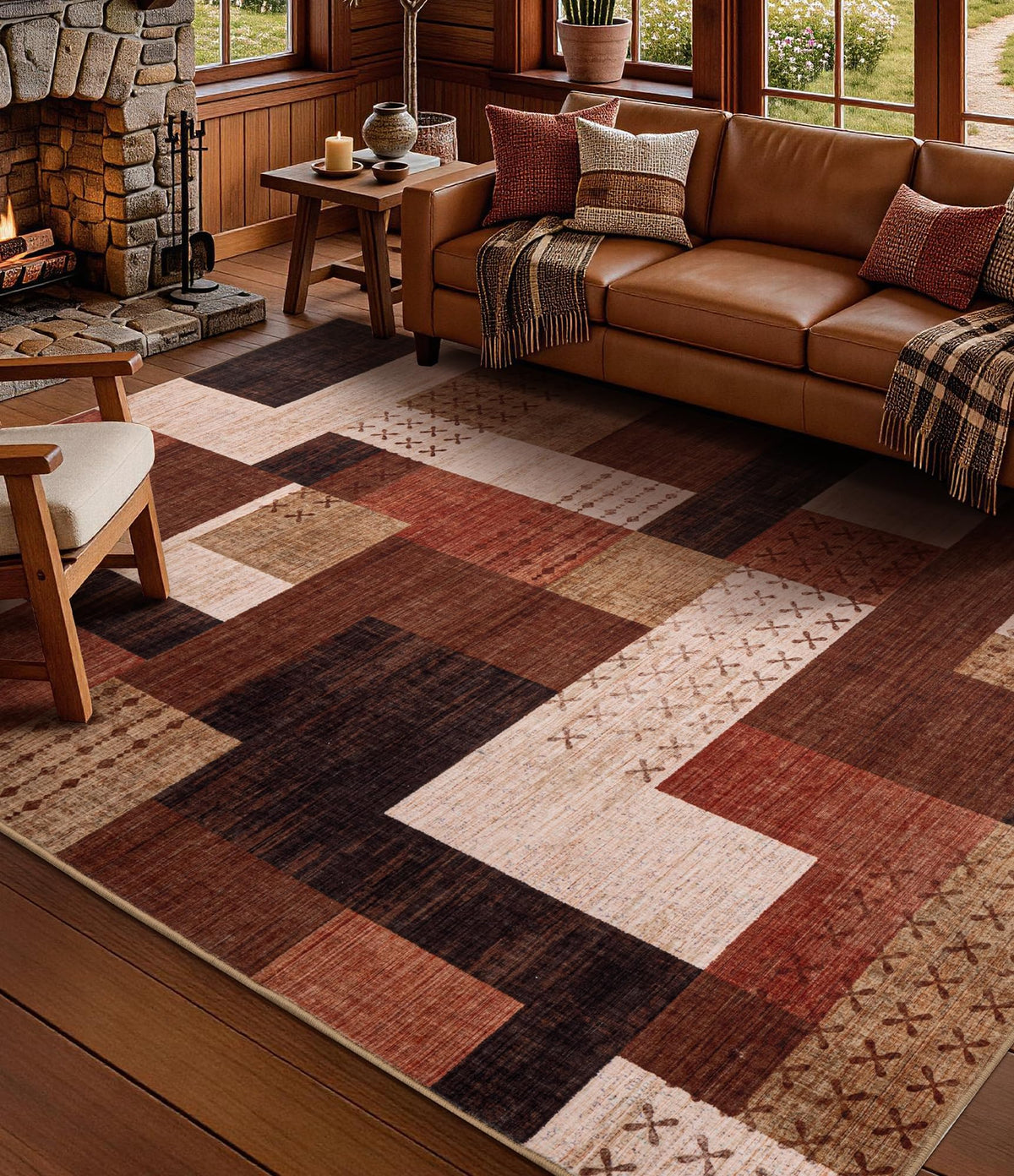 YIHOUSE Brown Modern 5x7 Area Rugs for Living Room, Washable Geometric Patchwork Rug for Bedroom Playroom Non Slip Low Pile, Southwestern Rustic Throw Carpet for Entryway Home Office