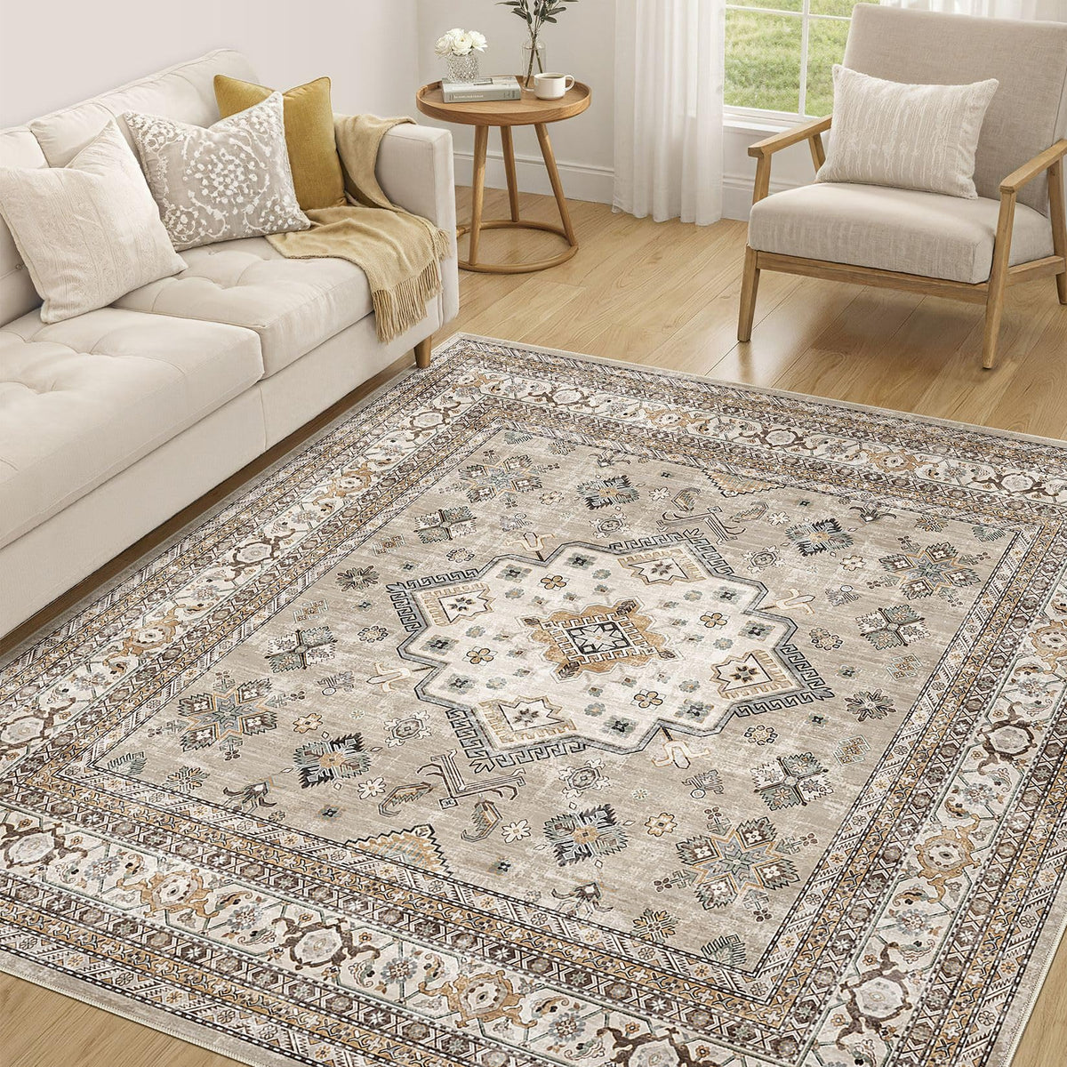 cotiled 9x12 Area Rug for Living Room, Washable, Traditional, Beige