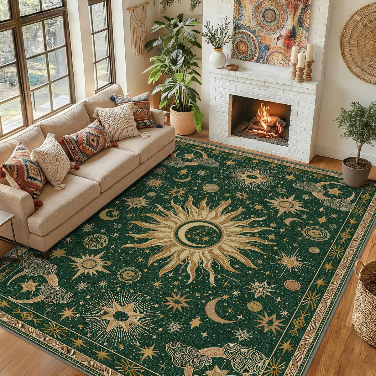 Vacuum-Friendly, 8x10 Washable Area Rug, Black Gold Beige Red