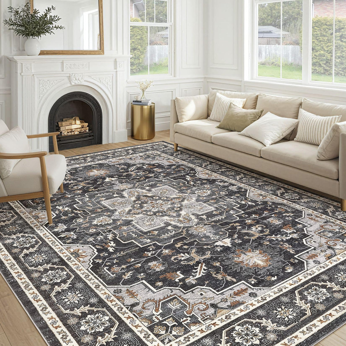 cotiled 9x12 Area Rug for Living Room, Washable, Traditional, Beige