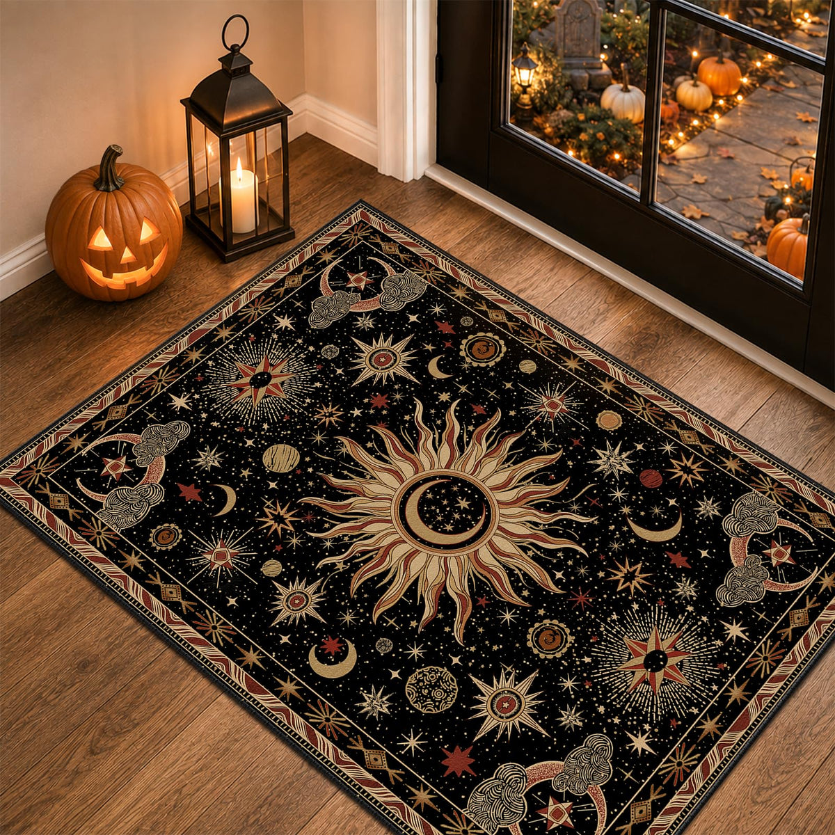Vacuum-Friendly, 8x10 Washable Area Rug, Black Gold Beige Red