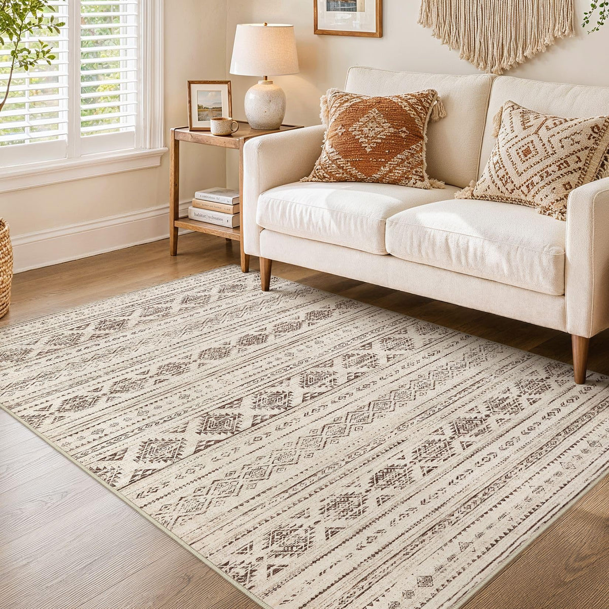 Nakagishi 10X14 Area Rugs for Living Room: Washable Modern Abstract Rug with Non-Slip Silicone Backing Low Pile Soft Carpet for Bedroom & Dining Decor Ideal for Families with Kids and Pets-Brown