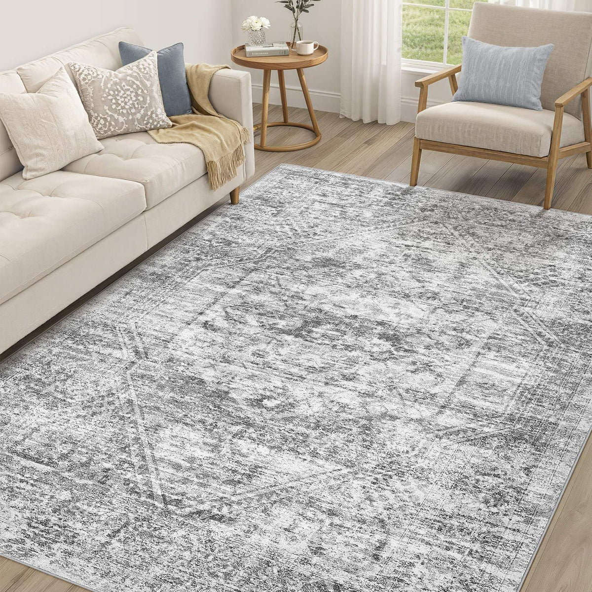 cotiled 9x12 Area Rug for Living Room, Washable, Traditional, Beige