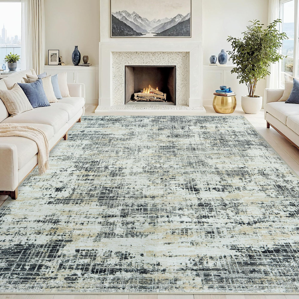 8x10 Washable Area Rug for Living Room Bedroom: Non-Slip Modern White Gray