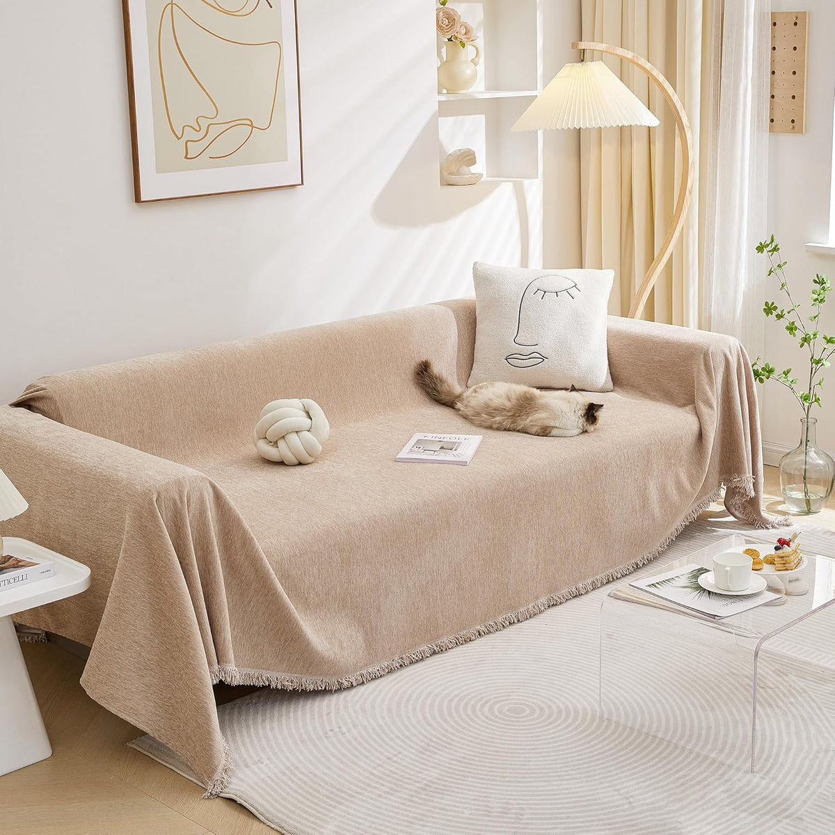 MEETSKY Couch Cover Sofa Covers Couch Covers for 3 Cushion Couch Sofa Pet Friendly, L Shaped Sectional Sofa Covers Washable Simply Put Sofa Throw Cover for Dogs, 91" x 134", Beige