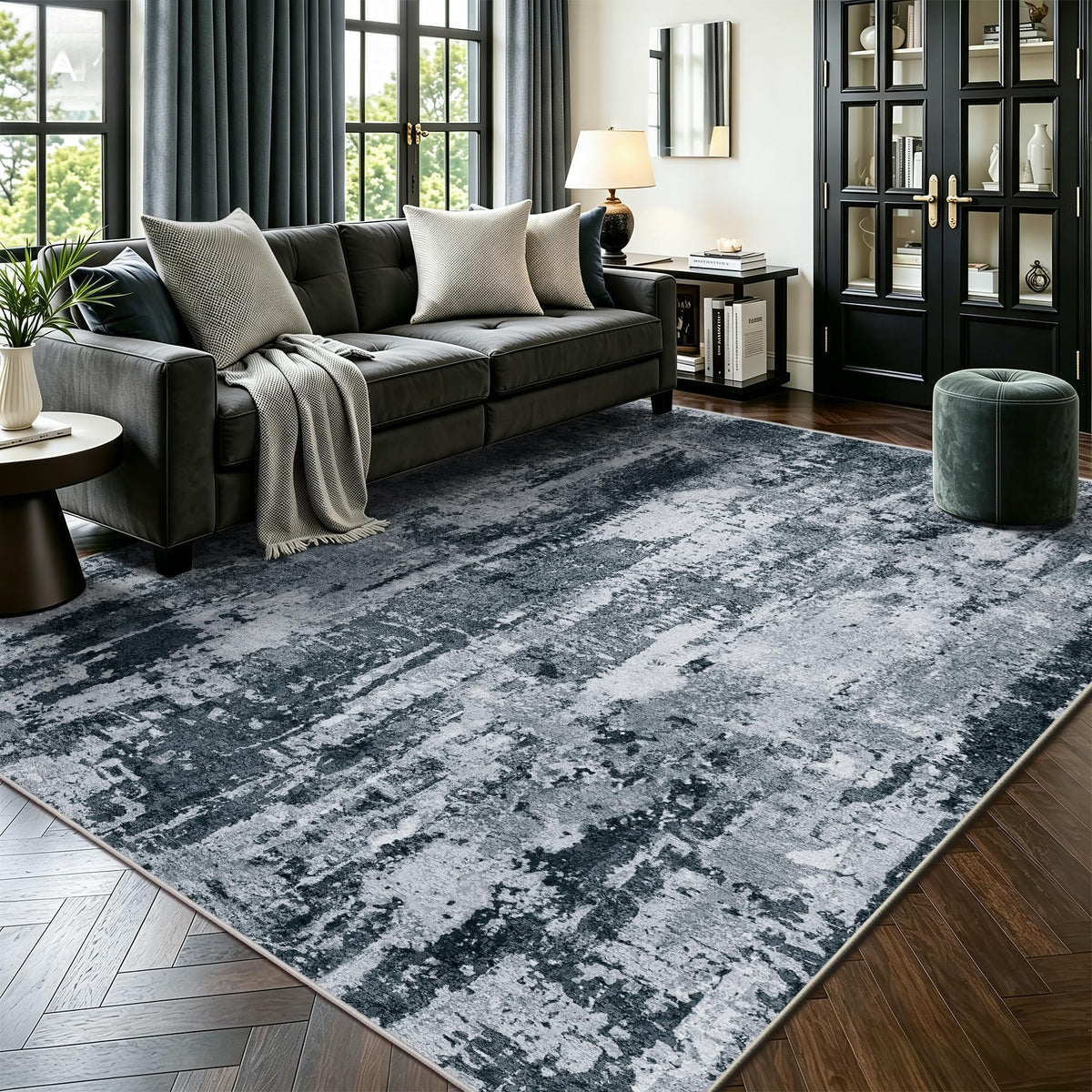 8x10 Area Rugs, Abstract Morden Soft Washable Rug, Non-Slip Low Pile Rugs for Living Room, Bedroom, Dining Room, Home, Office(Ocean Blue)