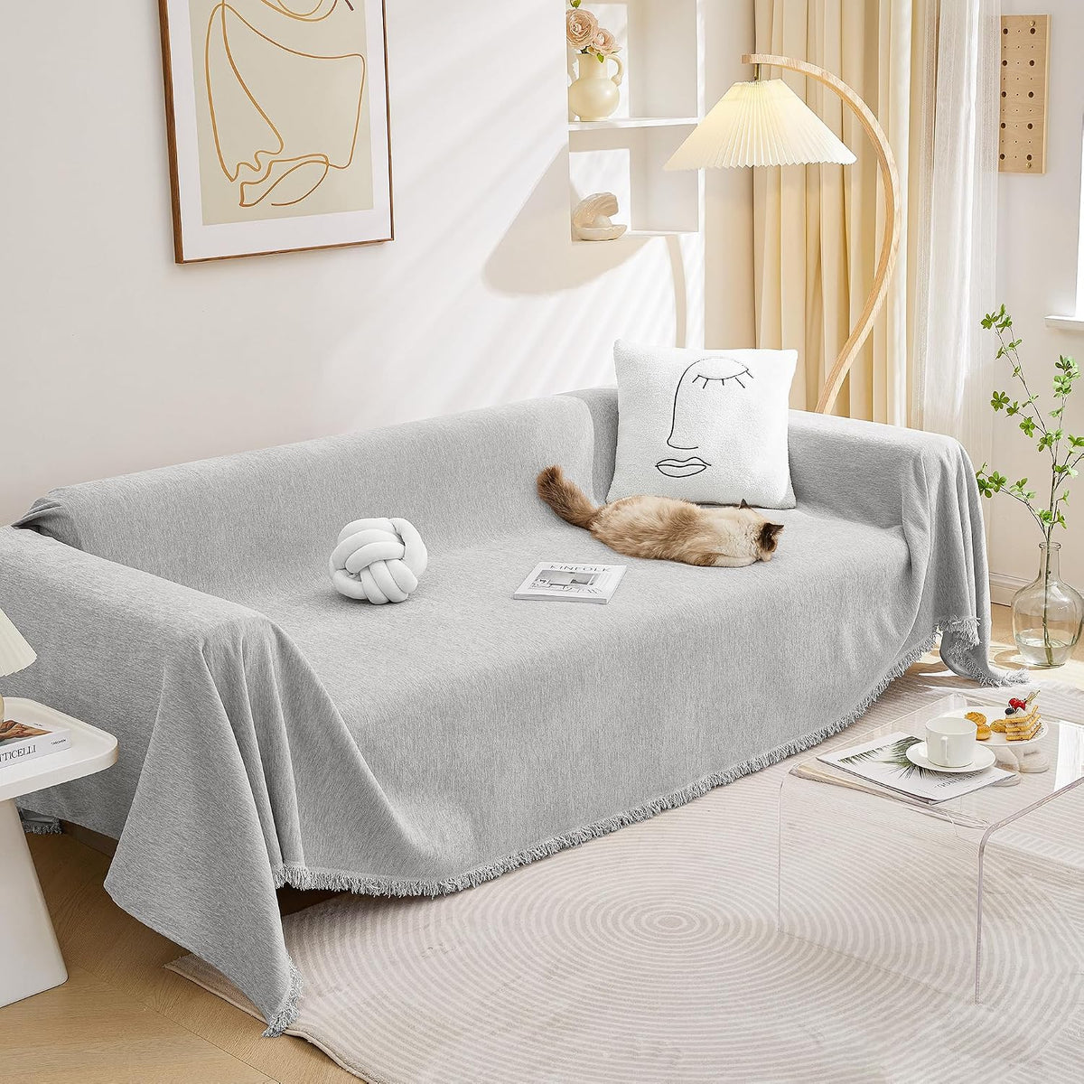 MEETSKY Couch Cover Sofa Covers Couch Covers for 3 Cushion Couch Sofa Pet Friendly, L Shaped Sectional Sofa Covers Washable Simply Put Sofa Throw Cover for Dogs, 91" x 134", Beige