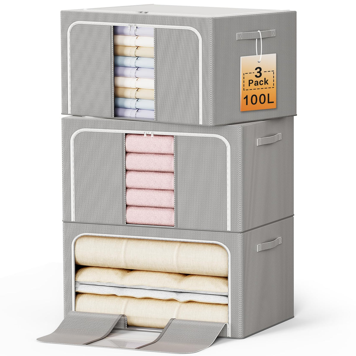 Clothes Storage Bins with Metal Frame, Foldable Clothes Organizers Storage Containers for Clothes, Sheets, Blankets, Pillows and Towels (24L, 3 Pack) Beige