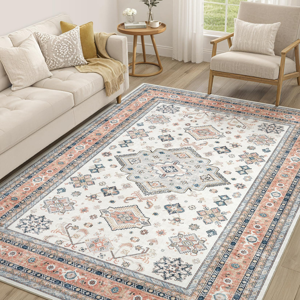 cotiled 9x12 Area Rug for Living Room, Washable, Traditional, Beige