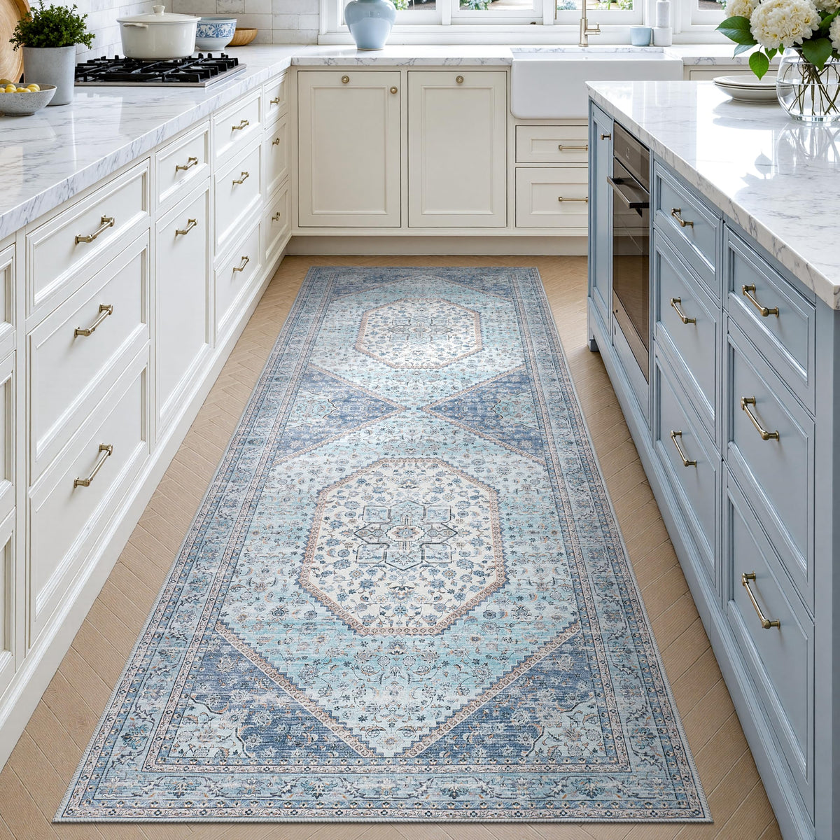 DCX 8x10 Area Rug Living Room: Washable Botanical Carpet Blue and Green