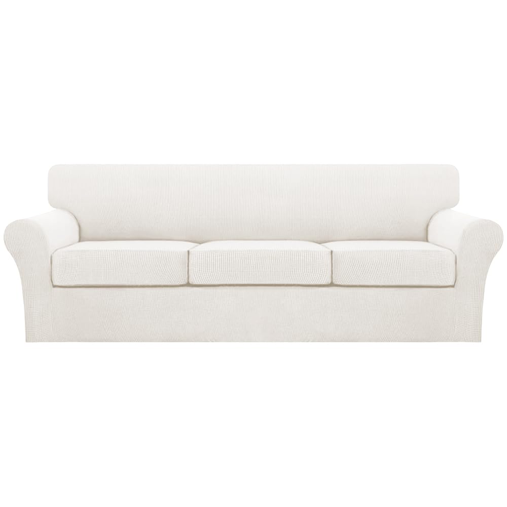 Turquoize 4 Piece Couch Cover Sofa Covers for 3 Cushion Couch Sofa Slipcovers Washable Sofa Cover for Dogs with Individual Couch Cushion Covers Feature Jacquard Fabric(3 Cushion Sofa, Biscotti Beige)