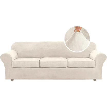 H.VERSAILTEX Modern Velvet Plush 4 Piece High Stretch Sofa Slipcover Furniture Protector Form Fit Luxury Thick Sofa Cover for 3 Cushion Couch, Machine Washable Width Up to 90 Inch(Sofa,Ivory)