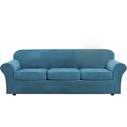 H.VERSAILTEX Modern Velvet Plush 4 Piece High Stretch Sofa Slipcover Furniture Protector Form Fit Luxury Thick Sofa Cover for 3 Cushion Couch, Machine Washable Width Up to 90 Inch(Sofa,Ivory)
