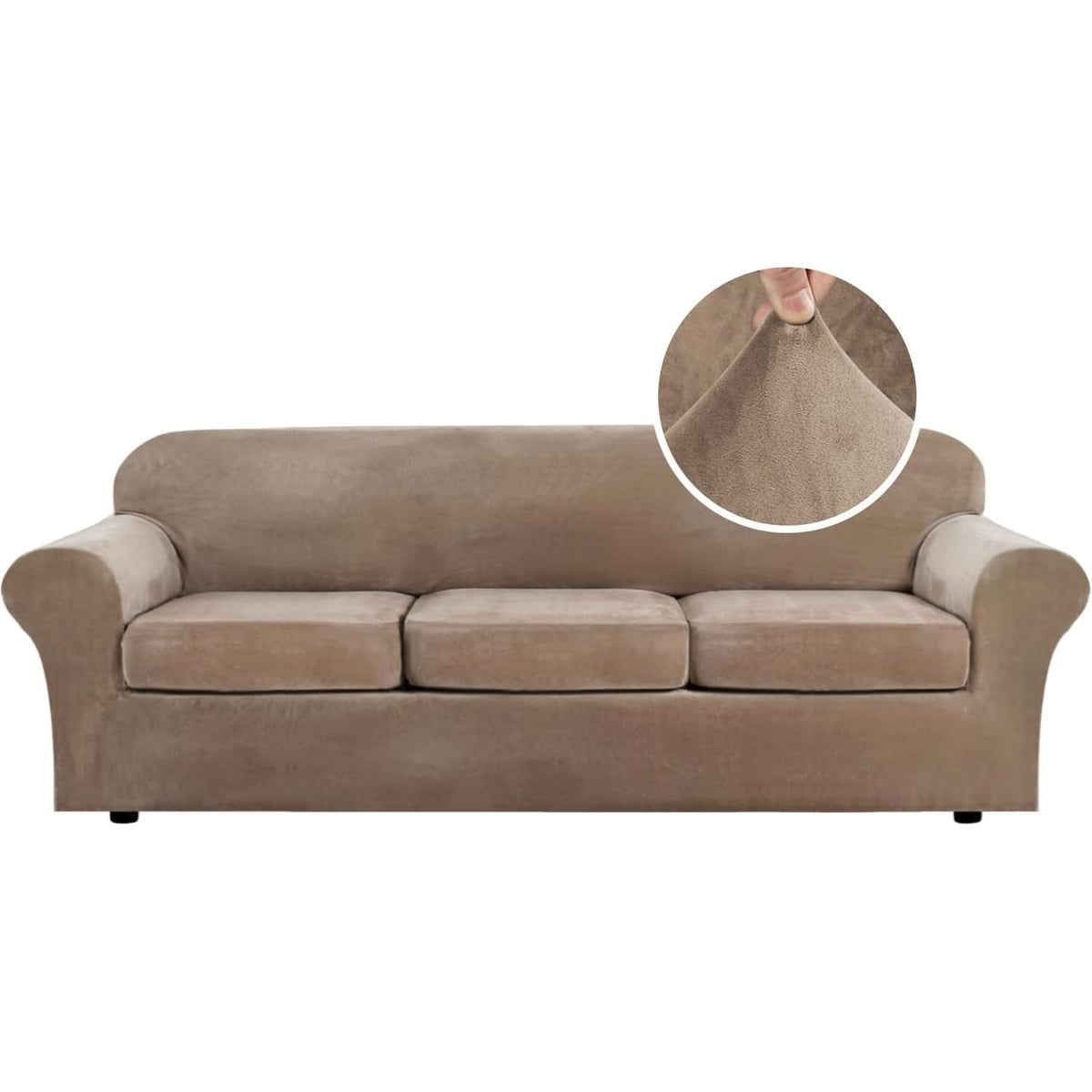 H.VERSAILTEX Modern Velvet Plush 4 Piece High Stretch Sofa Slipcover Furniture Protector Form Fit Luxury Thick Sofa Cover for 3 Cushion Couch, Machine Washable Width Up to 90 Inch(Sofa,Ivory)