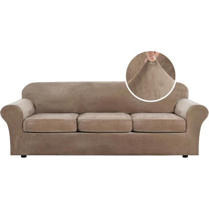 H.VERSAILTEX Modern Velvet Plush 4 Piece High Stretch Sofa Slipcover Furniture Protector Form Fit Luxury Thick Sofa Cover for 3 Cushion Couch, Machine Washable Width Up to 90 Inch(Sofa,Ivory)